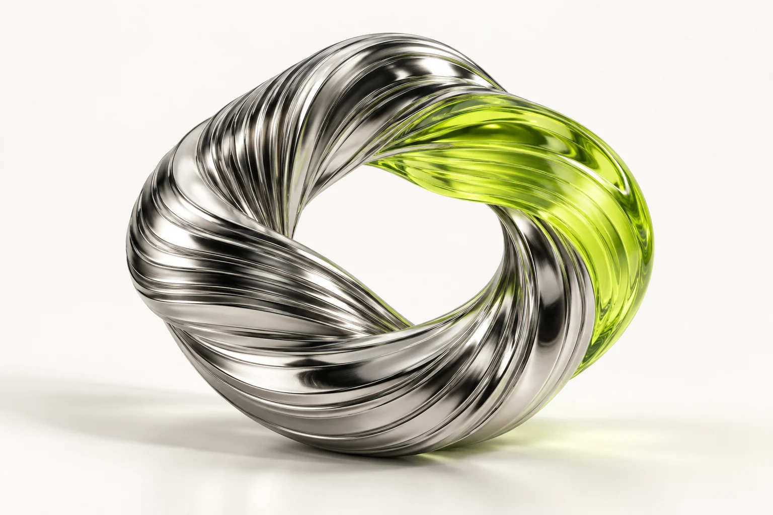 Sculptural loop of flowing chrome and translucent chartreuse glass