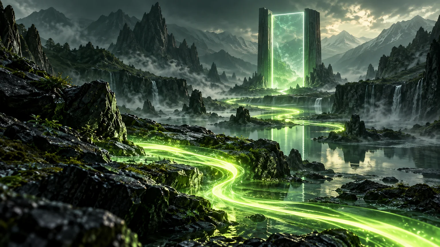 An imagined mountain landscape with a glowing lime river and glass portal