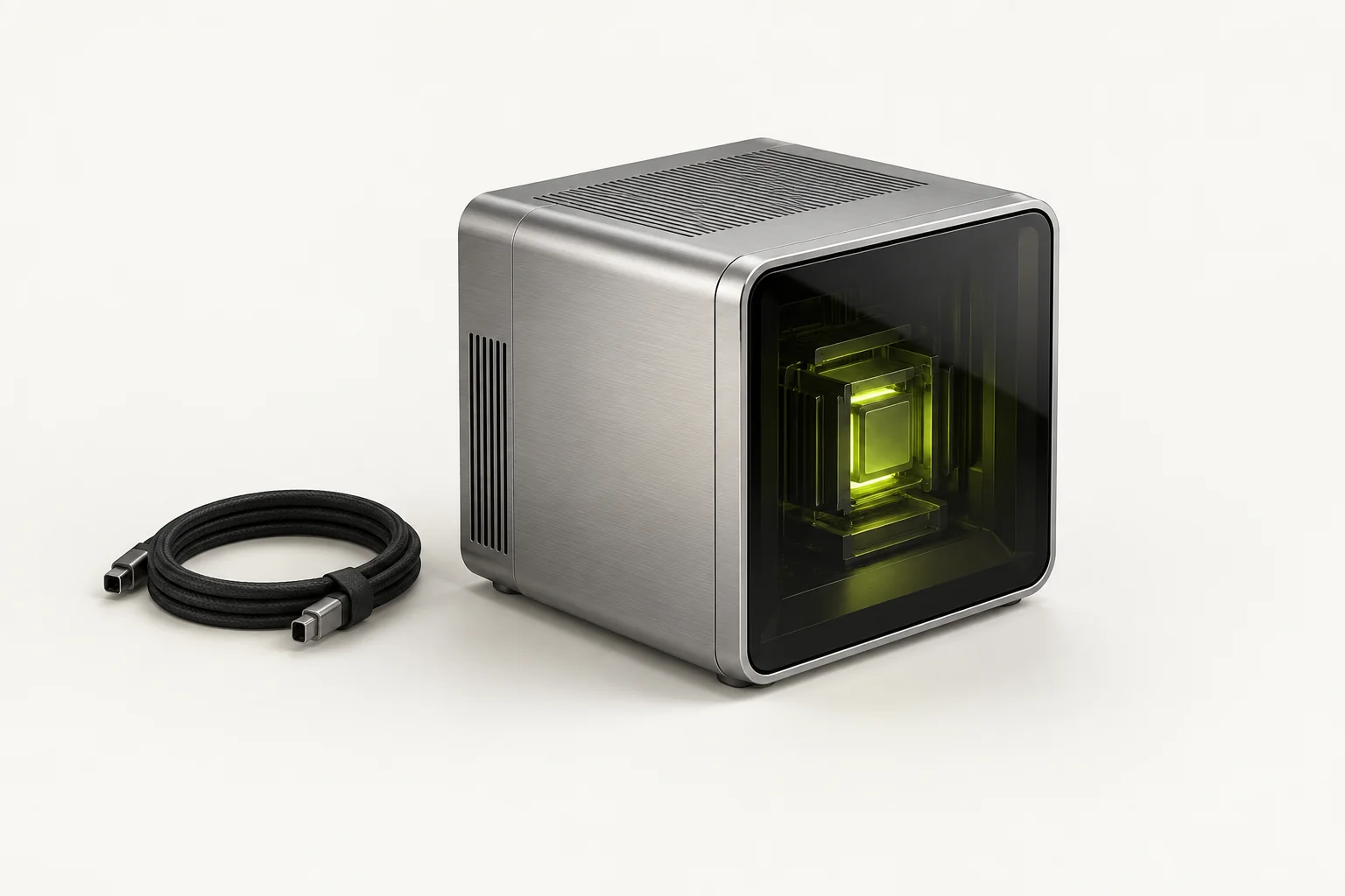 Conceptual compact private AI workstation with an illuminated lime core