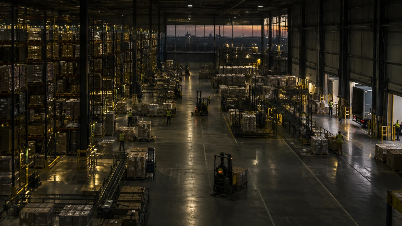 Industrial warehouse with workers and forklifts under evening light; conceptual illustration